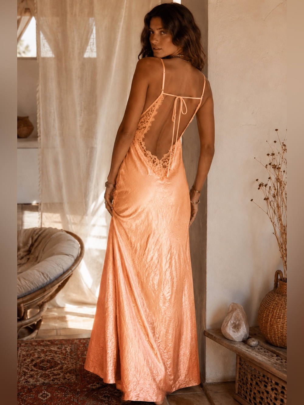 FREE PEOPLE Maybe Forever Peach Lace-Trim Satin Slip Maxi Dress chic boho style
